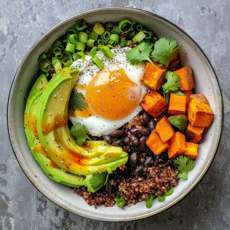 Loaded sweet potato breakfast bowl filled with quinoa black beans avocado and a drizzle of avocado oil for a nutrientdense morning mealの素材