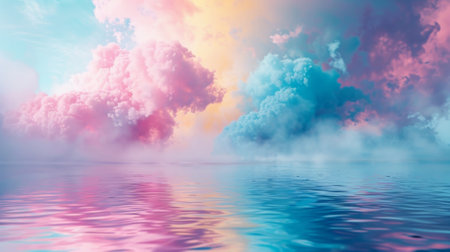 Like a rainbow breaking through the clouds streaks of brilliant pink yellow and blue smoke reflect off the water creating a captivating displayの素材