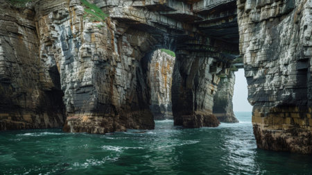 A dramatic coastline dotted with natural archways each one a unique work of art sculpted by natureの素材