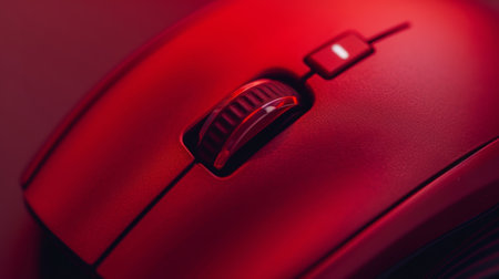 A macro shot of a red wireless mouse showcasing its precise laser tracking capabilitiesの素材