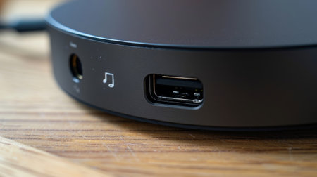 A detailed shot of the charging port on a streaming device with a small icon indicating which direction to insert the cordの素材