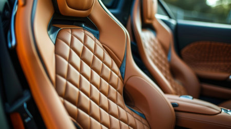 The interior seats of an elite sports car model photographed in closeup to reveal the exquisite craftsmanship of the leather upholstery and fine stitchingの素材