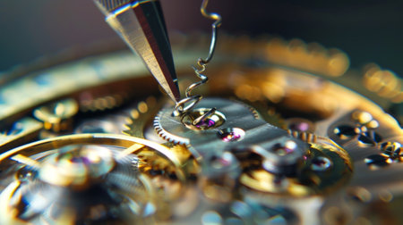 An extreme closeup of a tiny watch spring being delicately stretched and p onto a watchs balance wheel a crucial step in ensuring accurate timekeepingの素材