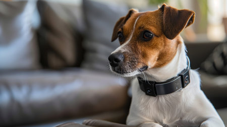 The next closeup shows a smart pet collar equipped with a builtin microphone and speaker allowing owners to speak to their pet remotely and even play music or recorded messages foの素材
