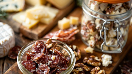 A jar of rich and creamy spread made from foraged black walnuts is the perfect addition to a charerie board filled with artisanal cheeses and cured meatsの素材