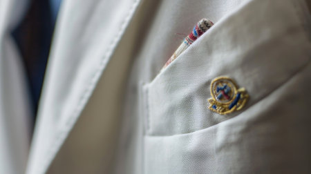 A closeup of a white blazer showcases the intricate design of the clubs emblem with colorful threads carefully stitched onto the pocket. The crisp clean lines of the blazer give ofの素材