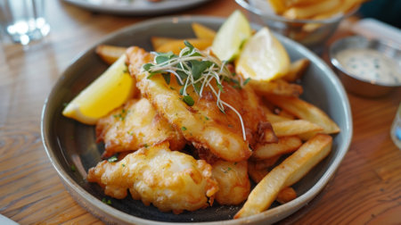 A plate of crispy battered fish made with foraged seaweed and served with hand friesの素材