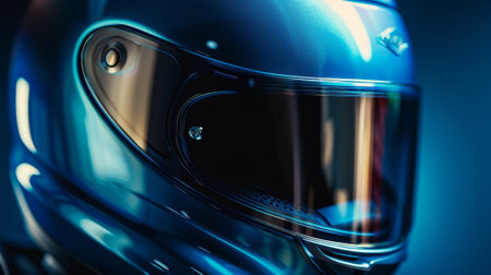 A metallic blue helmet with a smooth curved surface and a small subtle logo on the side giving off a luxurious and highend feelの素材