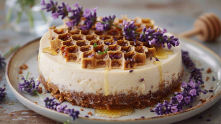 A honey and lavenderinfused cheesecake topped with a honeycomb drizzle and fresh lavender blooms evoking a peaceful countryside settingの素材