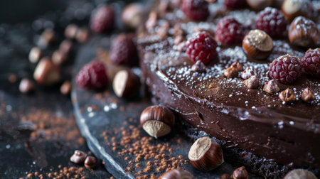 A decadent chocolate cake bursting with the flavors of the forest made with foraged hazelnuts and wild huckleberriesの素材