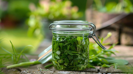 A jam jar filled with preserved wild garlic a taste of the forest to be enjoyed yearroundの素材