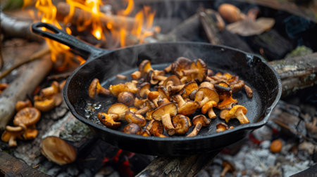 A cast iron skillet sizzles as foraged chanterelle mushrooms are cooked to perfection their buttery scent wafting through the cabinの素材