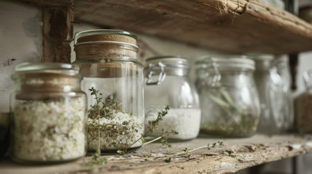 A glass jar filled with a mix of co salt and dried wild herbs sits on a rustic kitchen shelf lending a touch of nature to the spaceの素材