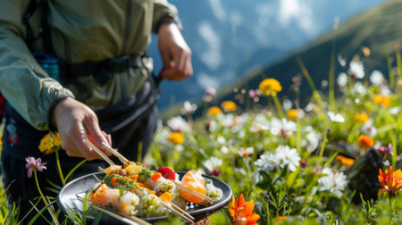 A solo traveler takes a break from their hike to indulge in a picnic lunch of colorful spring rolls and refreshing tropical fruit skewers while admiring the blooming wildflowersの素材