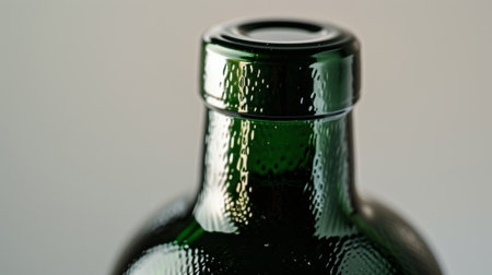 The foil wrapping around the neck of the bottle glints with a metallic sheen adding a touch of elegance to the dark green glassの素材