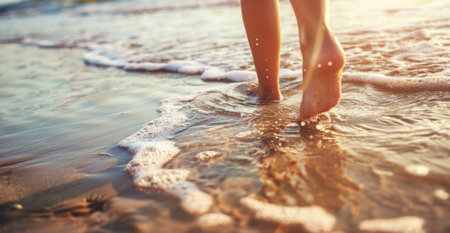 A person walking on a sandy beach dipping their feet in the cold ocean water to soothe their sunburned skinの素材