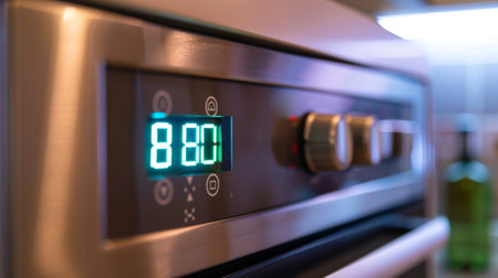 Closeup of the digital clock display on a microwave with the time and date shown in clear bright numbersの素材