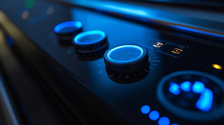 The control panel of a smart microwave lit up with a cool blue backlight making it easy to see and select cooking optionsの素材