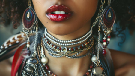 A woman flaunting a statement piece of handcrafted jewelry featuring layers of chains beads and feathers in a bold and eyecatching designの素材
