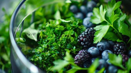 Vibrant greens and deep purples of fresh herbs and berries are perfectly minced together in the food chopper becoming a colorful and nutritious garnishの素材