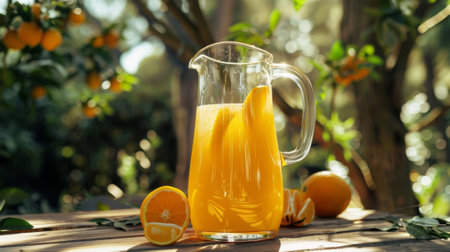 A tall glass pitcher filled with freshly squeezed orange juice from the nearby orchardの素材