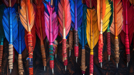 An overhead shot of a quiver filled with brightly colored arrows each one adorned with unique fletching designs and sharp metal arrowheadsの素材
