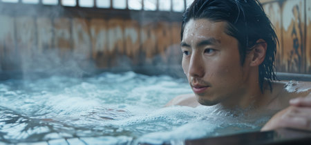 A man sitting in a traditional Japanesestyle ice bath focusing on his breath while feeling the rejuvenating effects of the cold waterの素材