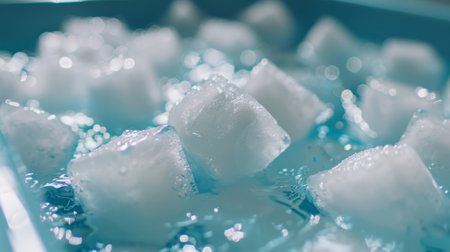 White cubes of ice floating in a blue tub inviting any stress to melt away into the frigid wateの素材