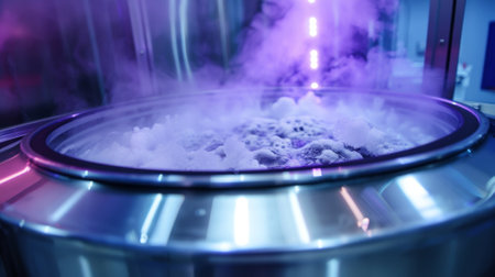 A closeup of a cryotherapy machine shows the extreme temperatures it can reach as liquid nitrogen is used to cool down the chamber for muscle recoveryの素材