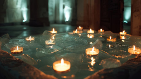 The ice bath surrounded by flickering candles creating a tranquil atmosphere for the guided meditationの素材