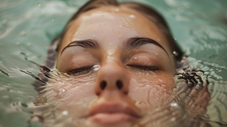 A woman submerged in a hot spring closing her eyes in pure bliss as she feels the warm water envelop her bodyの素材