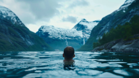 A brave swimmer floats on their back gazing up at the snowcapped mountains that frame the fjordの素材
