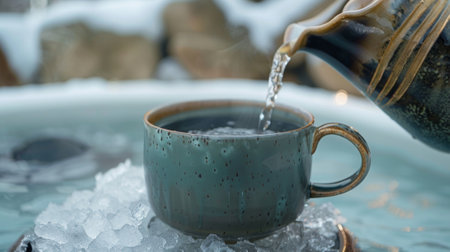 A person pouring a cup of hot tea enjoying a moment of relaxation after their invigorating ice bathの素材