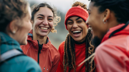 Smiling athletes in a team huddle after a grueling game discussing how they use cryotherapy sessions as a tool for stress management during intense trainingの素材