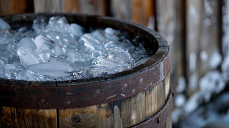 A wooden barrel filled with ice cold water used for traditional Nordic cold water bathsの素材