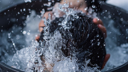A person dunking their head into a bucket of ice water part of the preparation for the winter ice bath challengeの素材