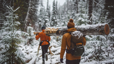 Two athletes carrying logs through a snowy forest using the cold as an added challenge to their trainingの素材