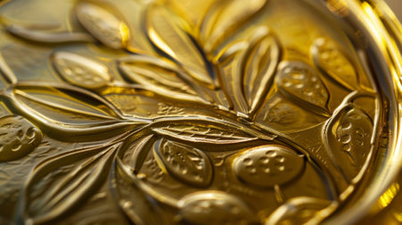 A macro shot of an olive oil container showcasing the intricate embossed design of olive branches and leaves on the label. The texture of the label is smooth yet raised adding a luxuriouの素材