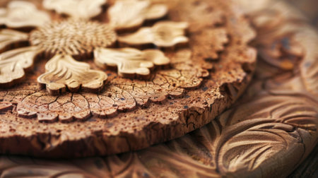 The natural imperfections of a handmade cork coaster are showcased in this closeup with unique patterns and textures in each pieceの素材