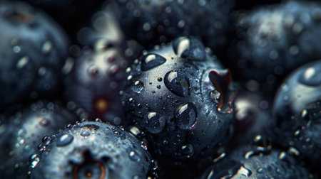 A macro of a bunch of dark purpleblueberries their plump and juicy appearance tempting you to reach out and grab one. Some are shiny some are matte and each one begs to be tastedの素材