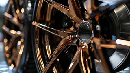 A detailed shot of an alloy wheels unique twotone finish combining a glossy black base with brushed copper accents for a stylish and modern lookの素材