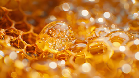 A peek inside a honeycomb cell with a small globule of honey suspended in the center like a precious gemの素材