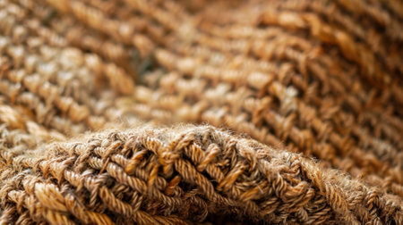 A closeup of a natural fiber rug showcases its earthy color palette featuring shades of beige brown and hints of greenの素材