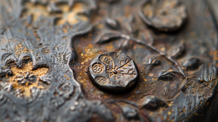 An upclose view of a vintage button with a rustic metal finish revealing a rusty patina and tiny etchings resembling flowers and vinesの素材