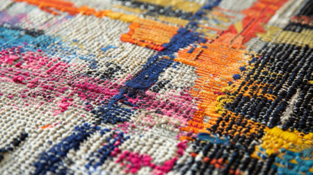 In this closeup shot the colorful threads used in a handmade rug are showcased each one adding to the vibrant and intricate abstract pattern that adorns this uniquely crafted pieceの素材