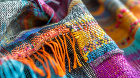 A closeup of a handwoven scarf showcases the unique combination of textures with tightly woven sections contrasting against loose flowing threadsの素材