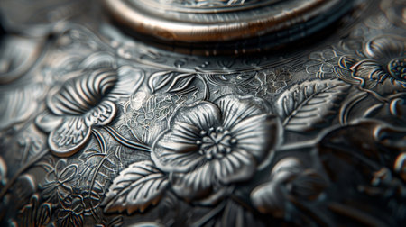The delicate floral pattern etched into the tin surface of a vintage tea set toy featuring a teapot cups and saucersの素材