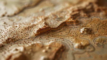 A closeup of the tiny dots and lines used to represent mountain ranges and elevation on a vintage topographical map showcasing the attention to detail and precision of its creatorsの素材