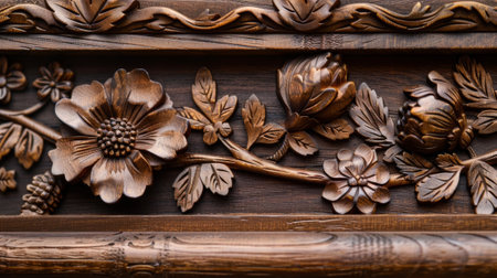 A wooden picture frame with a beautiful floral motif the handcarved flowers and leaves adding depth and character to the frameの素材