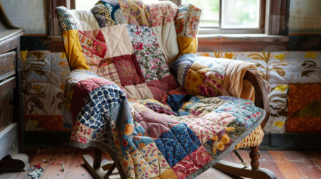 A beautiful quilt made from different patterned fabrics is dd over a vintage rocking chair showcasing classic needlework techniquesの素材